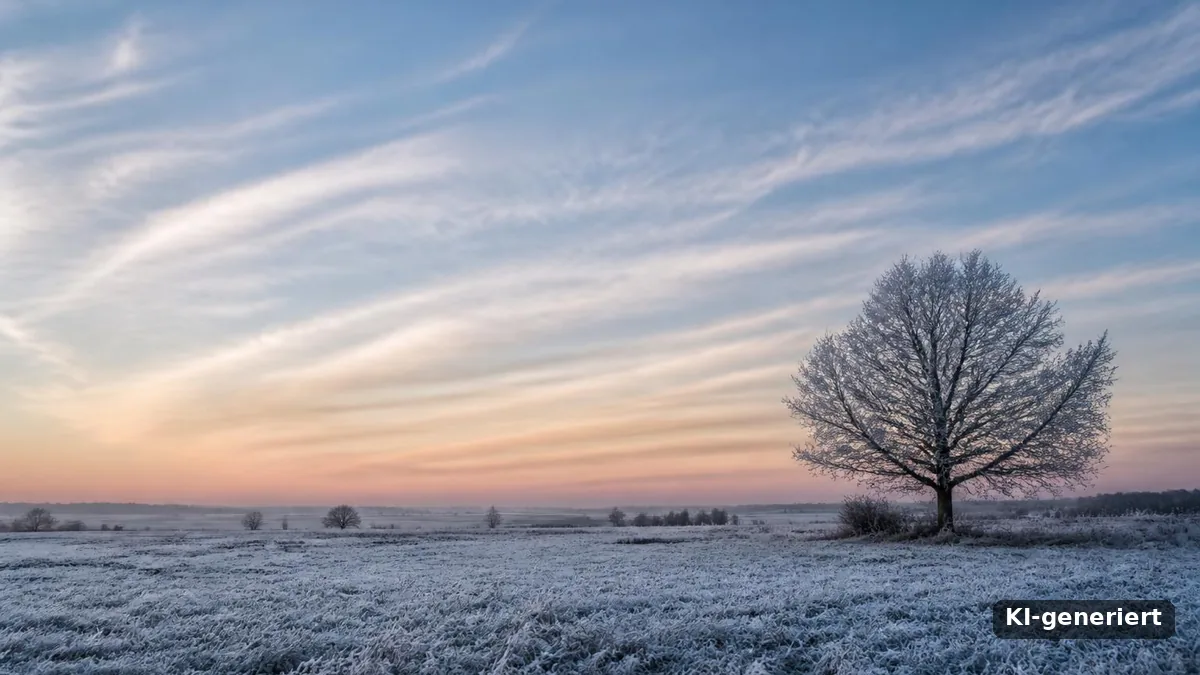 Polarwirbel: frostige Ebene mit einzelnem Baum unter Cirruswolken im Morgengrauen