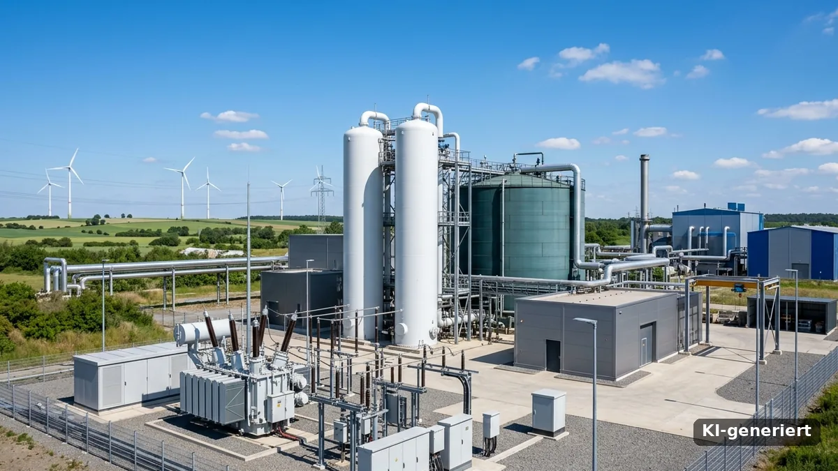 Power-to-Heat-Anlage mit Elektrodenkesseln, Wärmespeicher und Transformator, Windräder am Horizont (KI-generiert)