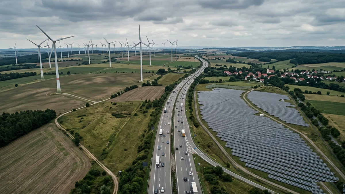 Windräder, Autobahn mit Verkehr und Solarpark in einer deutschen Landschaft