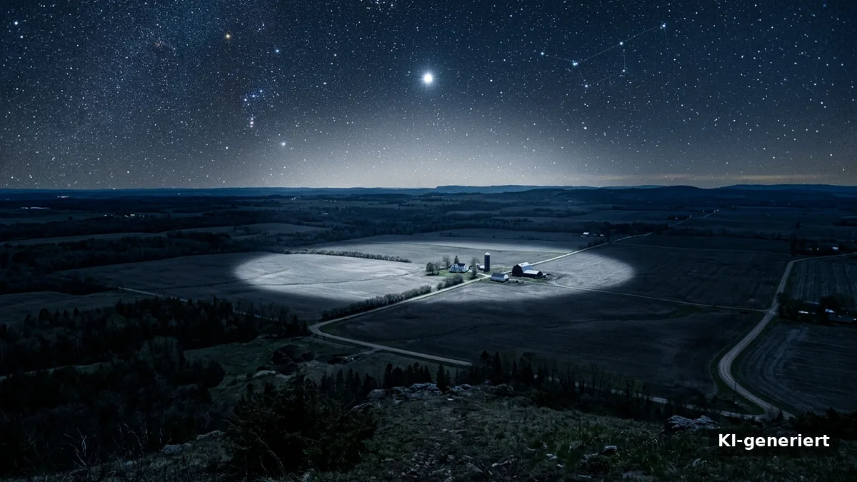 Nächtliches Farmland mit einem hellen, kreisrunden Lichtfleck von einem Weltraumspiegel, darüber ein Sternenhimmel (KI-generiert)