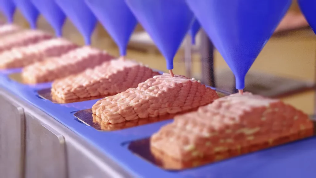 Revo Foods 1 Produktionslinie in THE TASTE FACTORY von Revo Foods in Wien, 3D-Extrusionsduesen bei der Herstellung von Proteinprodukten