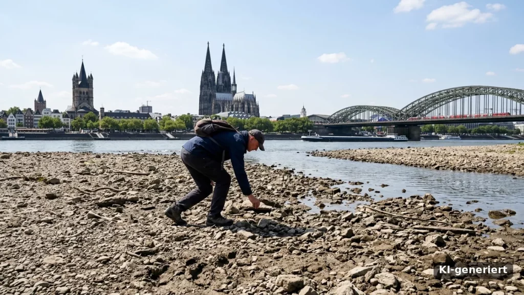 Trockengefallenes Flussbett des Rheins bei Koeln bei extremem Niedrigwasser, KI-generierte Darstellung