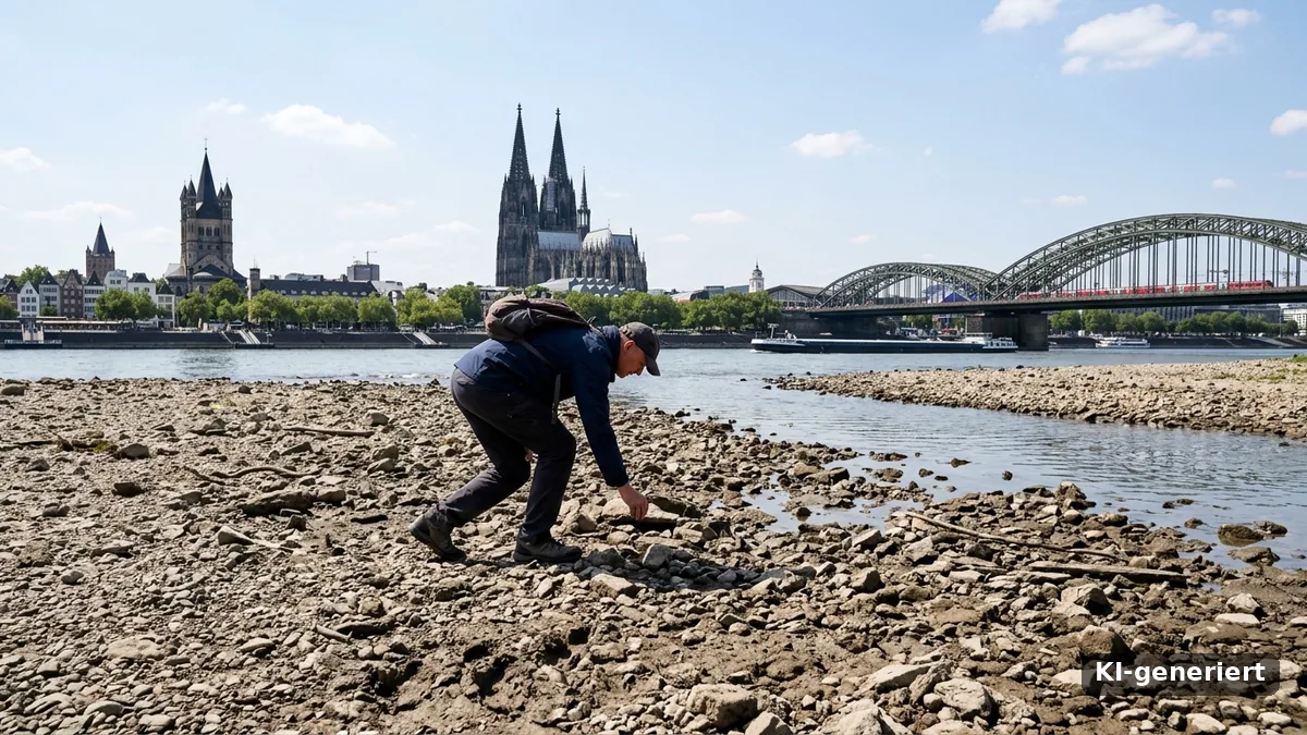 Trockengefallenes Flussbett des Rheins bei Koeln bei extremem Niedrigwasser, KI-generierte Darstellung