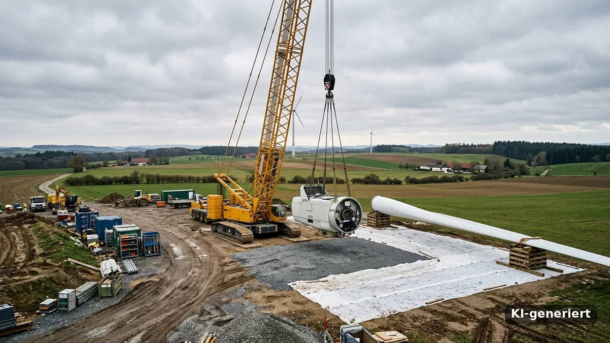 Rückbau einer Windenergieanlage: Kran, abgesetzte Gondel und Rotorblatt auf Filtervlies.