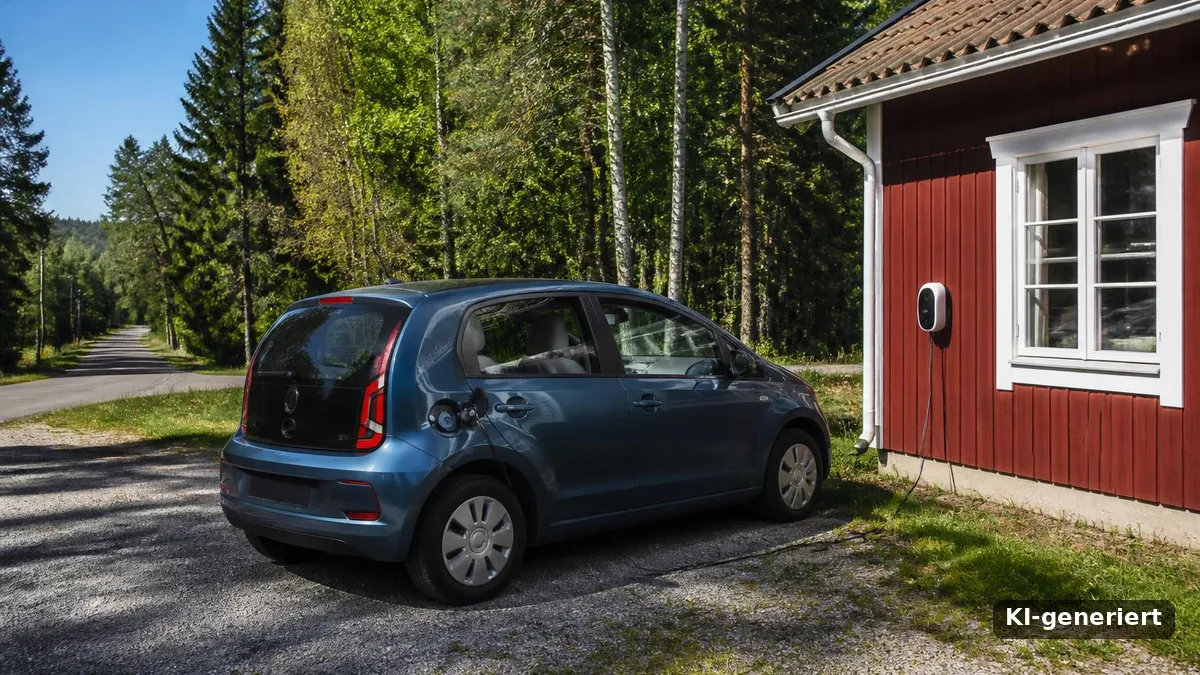 Elektroauto lädt an einer Wallbox vor einem roten Holzhaus im ländlichen Schweden (KI-generiert)