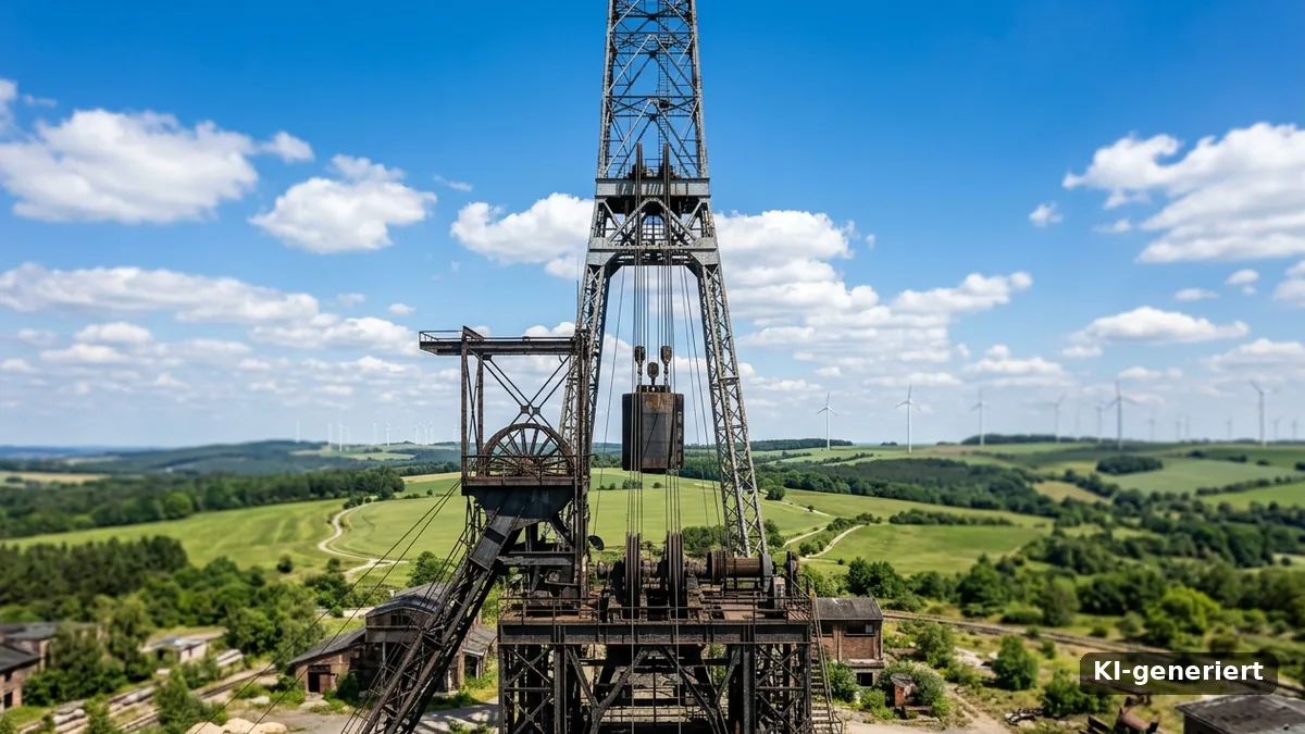 Stahlturm über einem alten Fördergerüst mit hängendem Gewicht, Symbolbild Schwerkraftspeicher (KI-generiert)