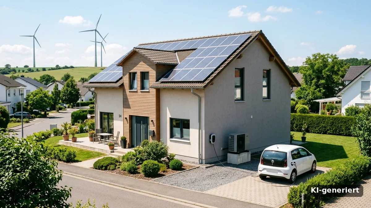 Einfamilienhaus mit Solardach, Wärmepumpe und ladendem Elektroauto, im Hintergrund Windräder (KI-generiert)