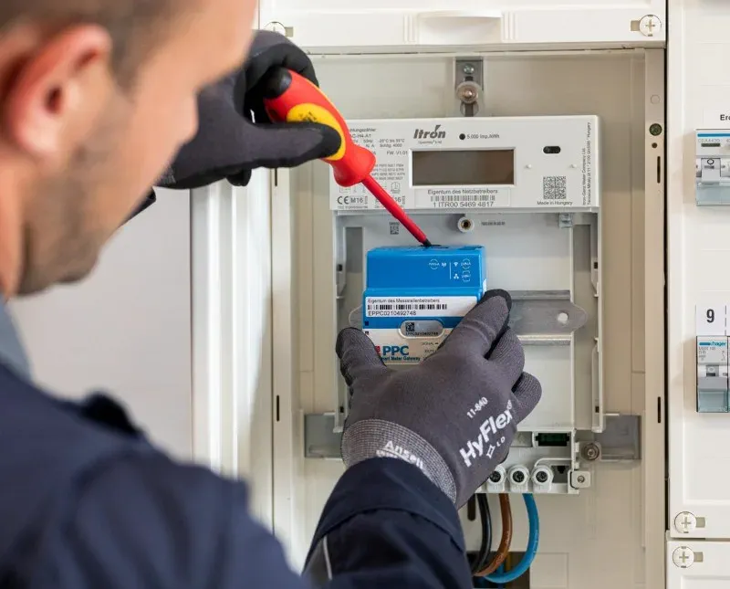 Smart Meter Gateway Techniker Installation im Zählerschrank (Bild: PPC)