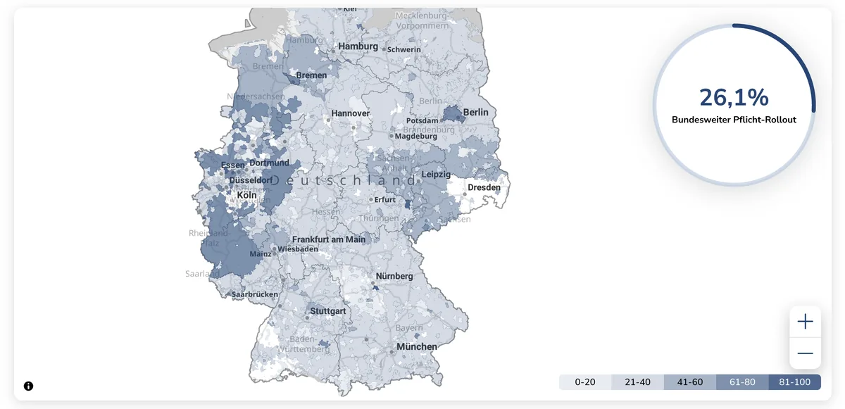 Karte des Smart-Meter-Atlas mit den Pflichtrollout-Quoten aller Netzgebiete in Deutschland, Stand erstes Halbjahr 2026