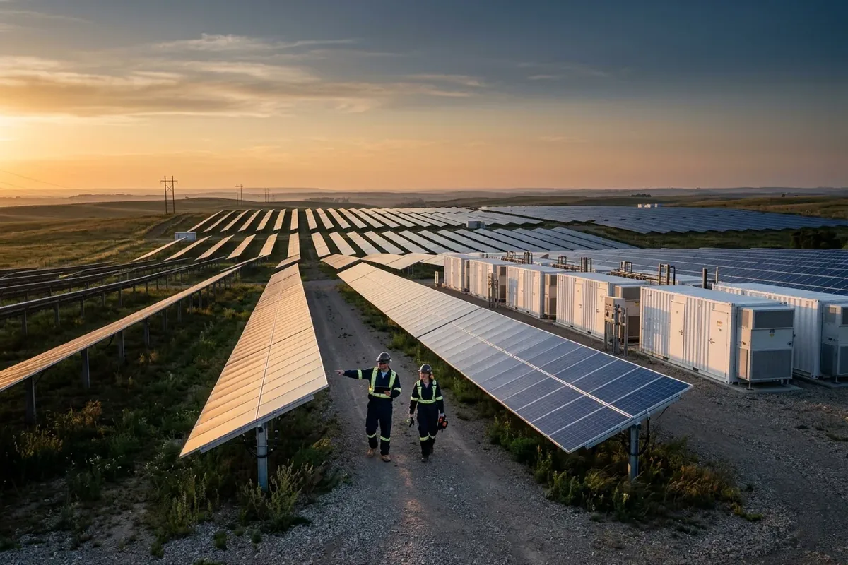 Solar plus Speicher Solarpark mit Batteriespeichern und zwei Menschen