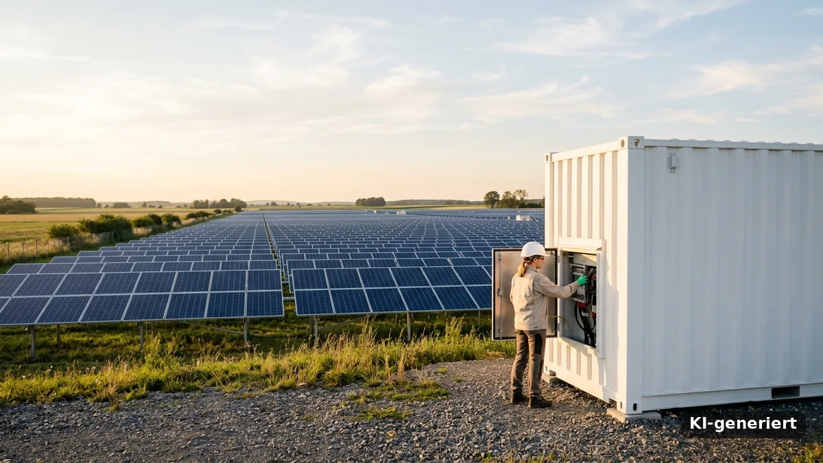 Solar-Speicher-Investitionen: Technikerin am Batteriecontainer eines Solarparks, KI-generiert
