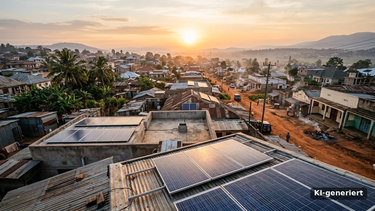 Afrikas Solarboom: Solarmodule auf Wellblechdaechern einer afrikanischen Kleinstadt bei Sonnenaufgang