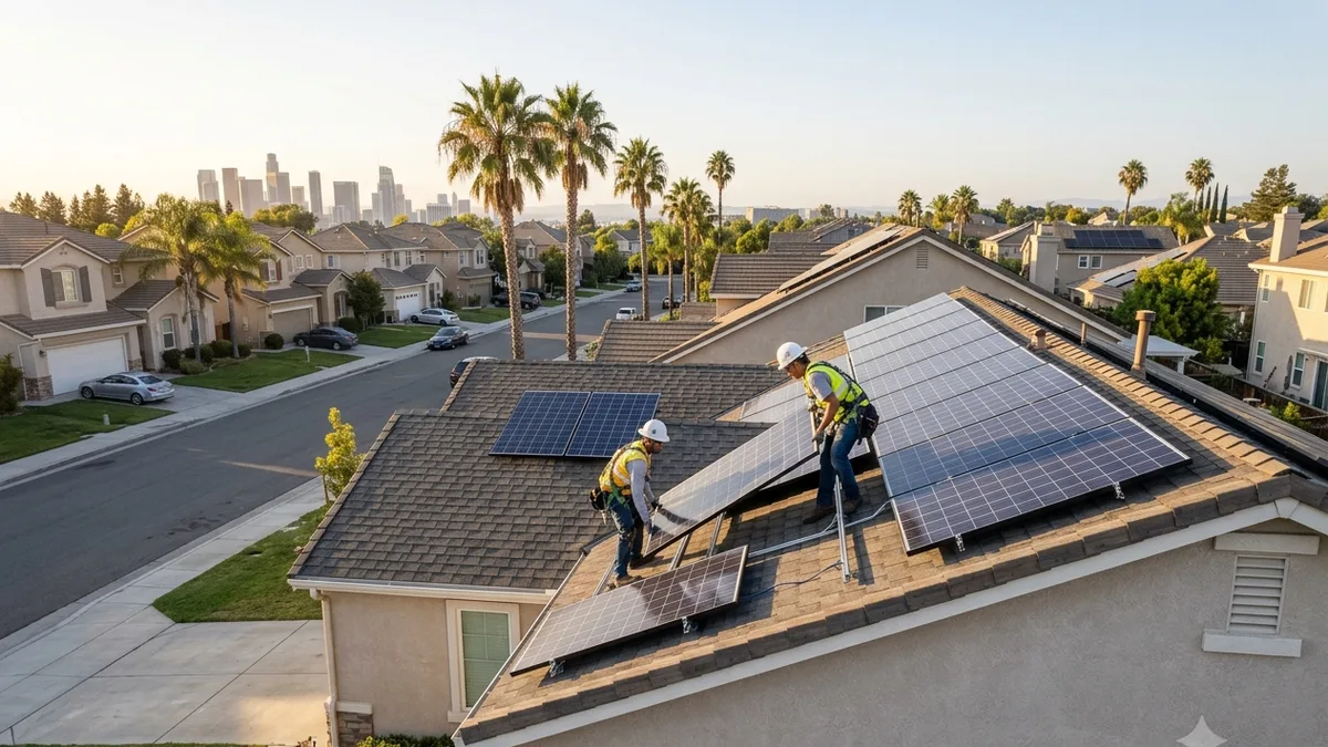 Solar-Installateure montieren Photovoltaik-Module auf einem Wohnhaus in einem Vorort von Los Angeles