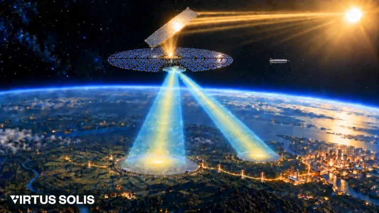 Visualisierung eines Weltraum-Solarkraftwerks von Virtus Solis: Ein Satellit mit Solarfeldern sendet Strahlen zu zwei Empfangsstationen auf der Erde