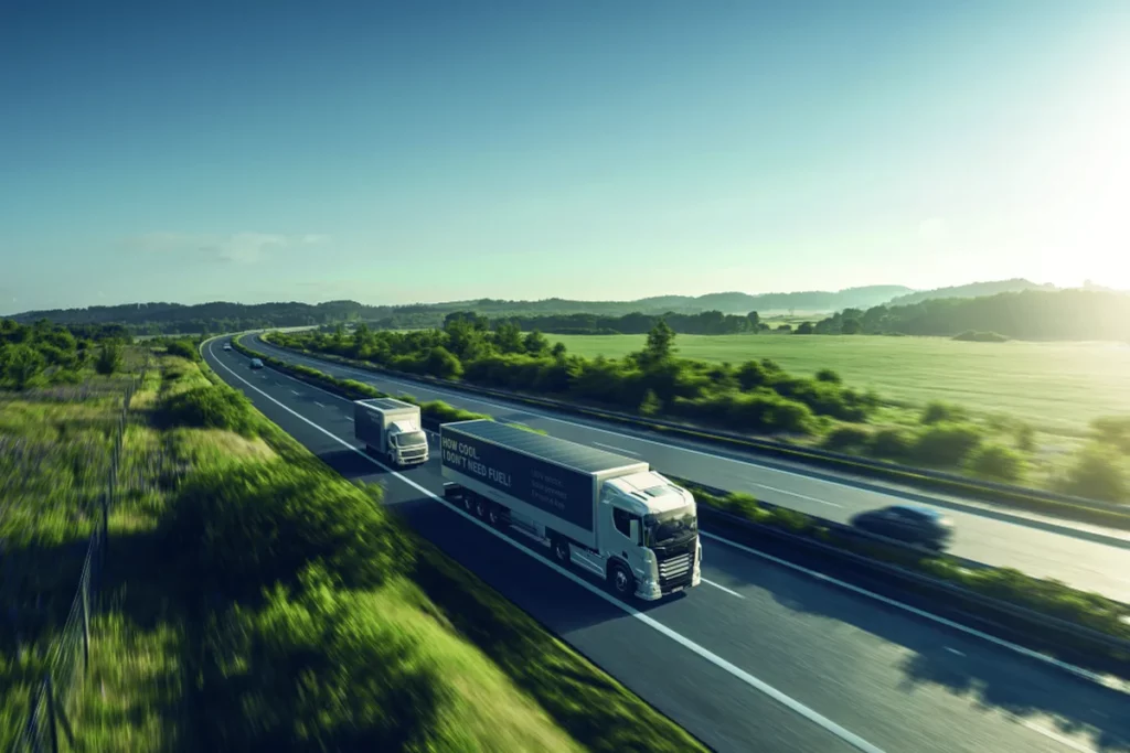 Sono Solar 1 Zwei Lkw mit Solartechnik der Marke Sono Solar auf einer Autobahn in sonniger Landschaft