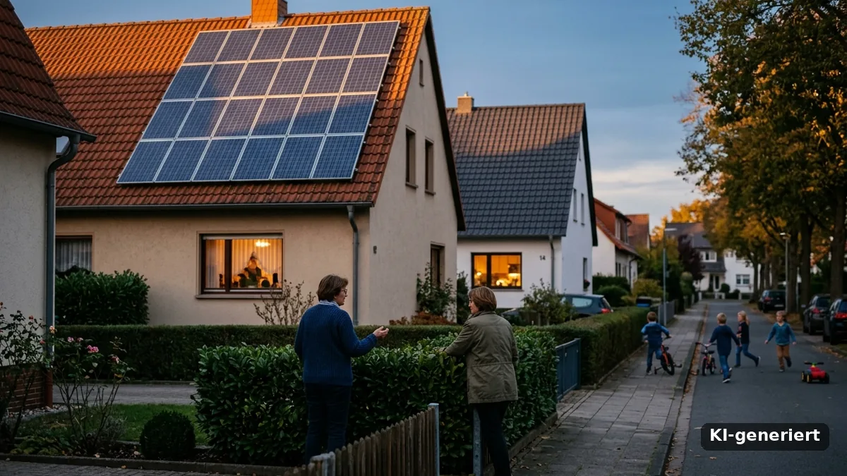 Zwei Nachbarinnen unterhalten sich am Gartenzaun vor einem Haus mit Solardach, Kinder spielen in der Wohnstrasse
