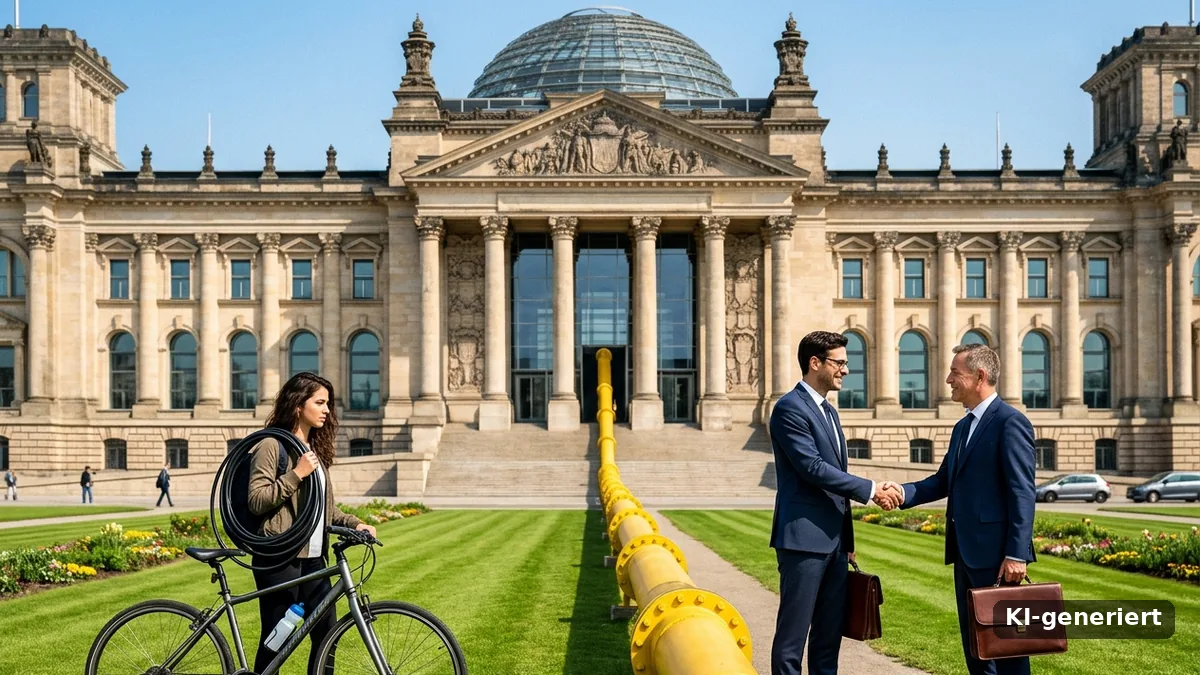 Stromsteuer: Lobbyisten besiegeln vor dem Reichstag per Handschlag eine Gaspipeline, eine Radfahrerin mit Stromkabel schaut kritisch zu (KI-generiert)