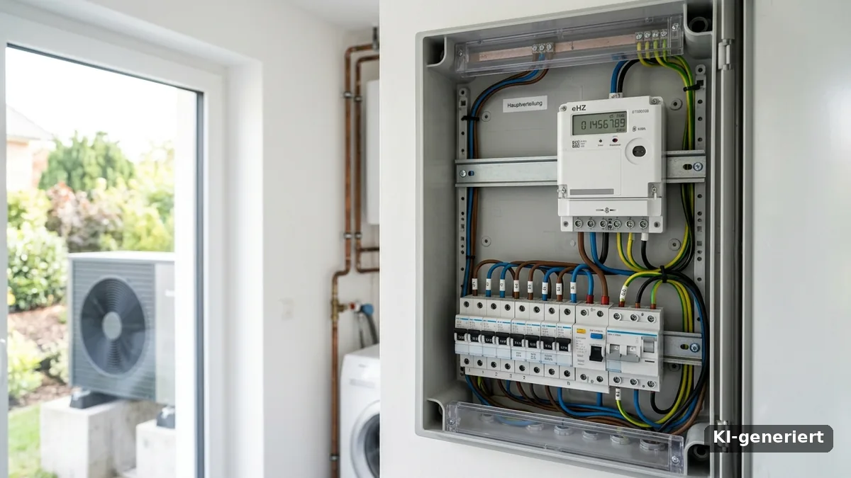 Geöffneter Zählerschrank mit digitalem Stromzähler, im Garten eine Wärmepumpe, KI-generiert