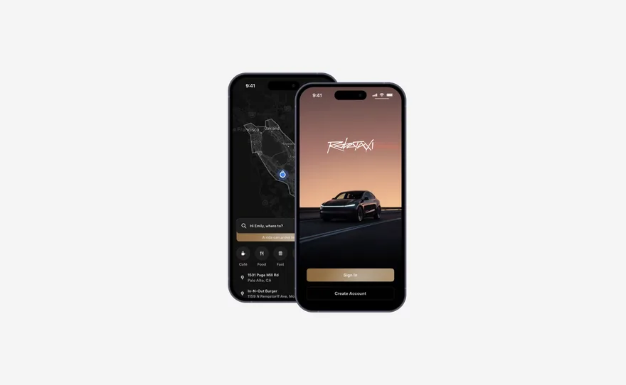 Tesla Robotaxi-App: Kartenansicht und Anmeldebildschirm auf zwei Smartphones