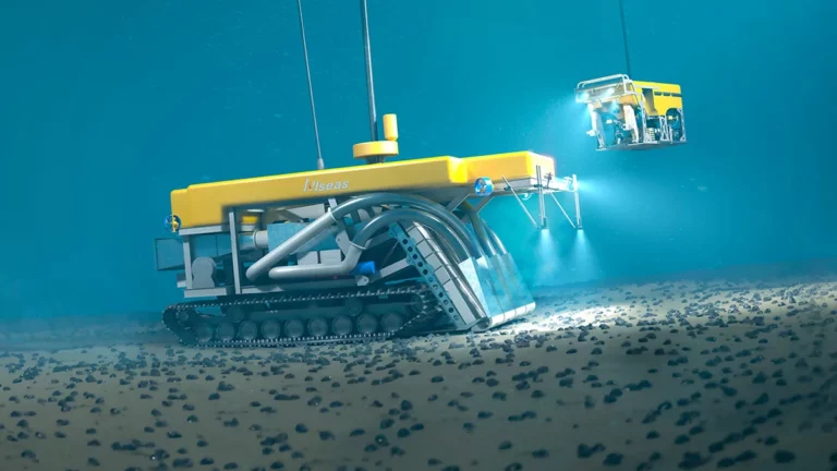 Tiefseebergbau für Batterien: Visualisierung eines Allseas-Kollektors, der Manganknollen vom Meeresboden aufnimmt