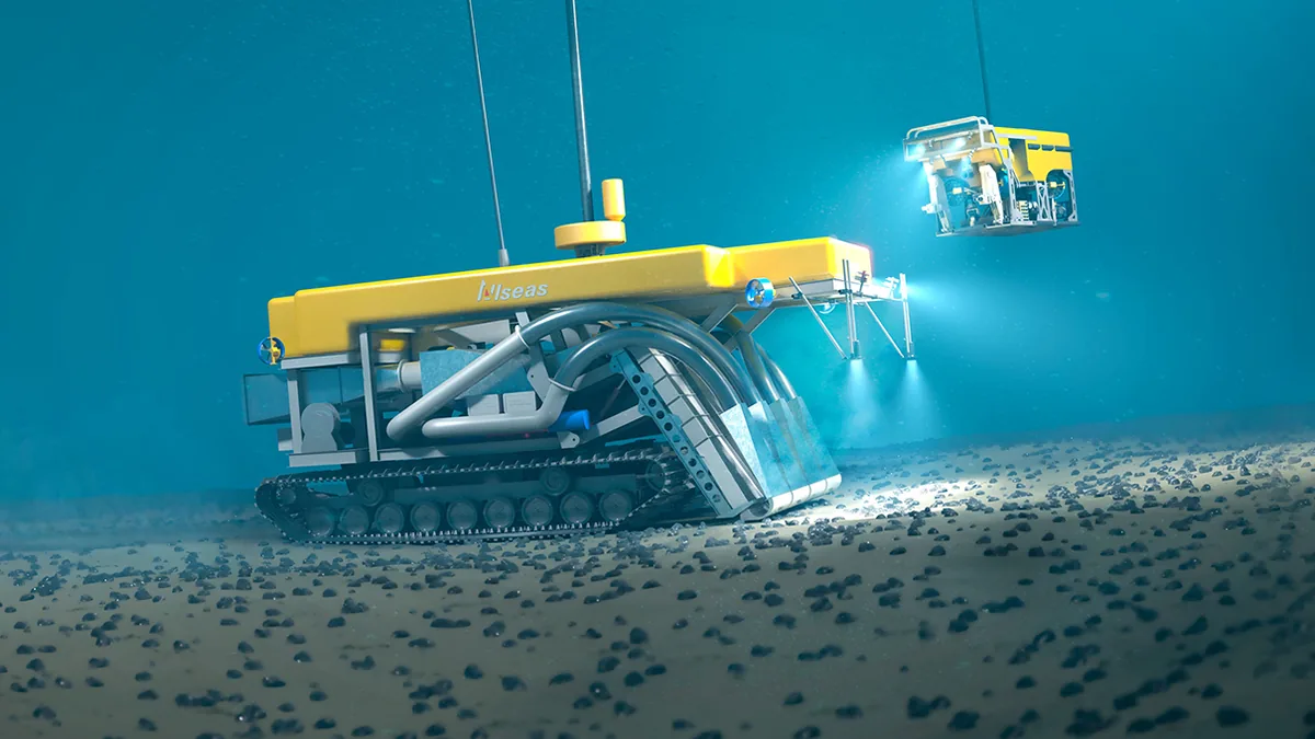 Tiefseebergbau für Batterien: Visualisierung eines Allseas-Kollektors, der Manganknollen vom Meeresboden aufnimmt