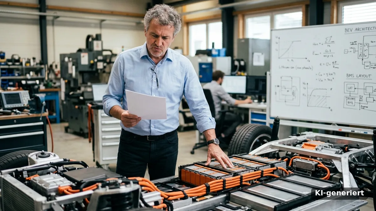 Fahrzeugtechniker prüft ein Dokument am offenen Batterie-Chassis eines Elektroautos (Symbolbild)