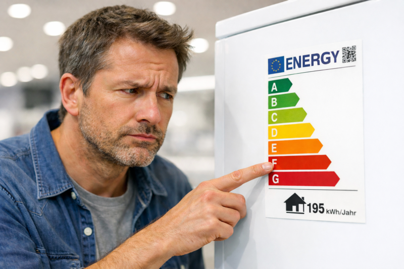 Mann zeigt skeptisch auf Energieeffizienzklasse F eines EU-Energielabels im Elektrofachmarkt