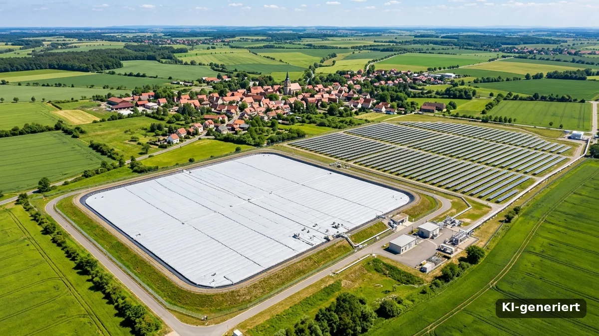 Abgedeckter Erdbecken-Wärmespeicher neben einem Solarthermie-Feld am Dorfrand, Symbolbild Untergrundspeicher (KI-generiert)