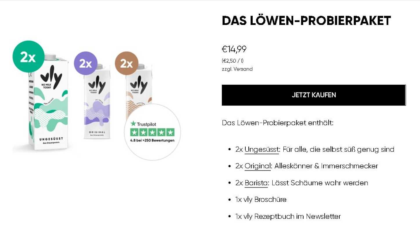 Löwen-Probierpaket - Screenshot der Webseite vlyfoods.com der Milchalternative vly