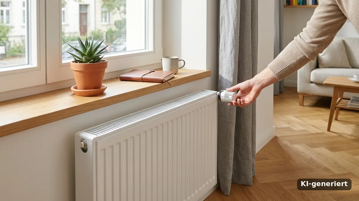 Hand stellt das Thermostatventil eines weißen Heizkörpers unter dem Fenster ein, KI-generiert