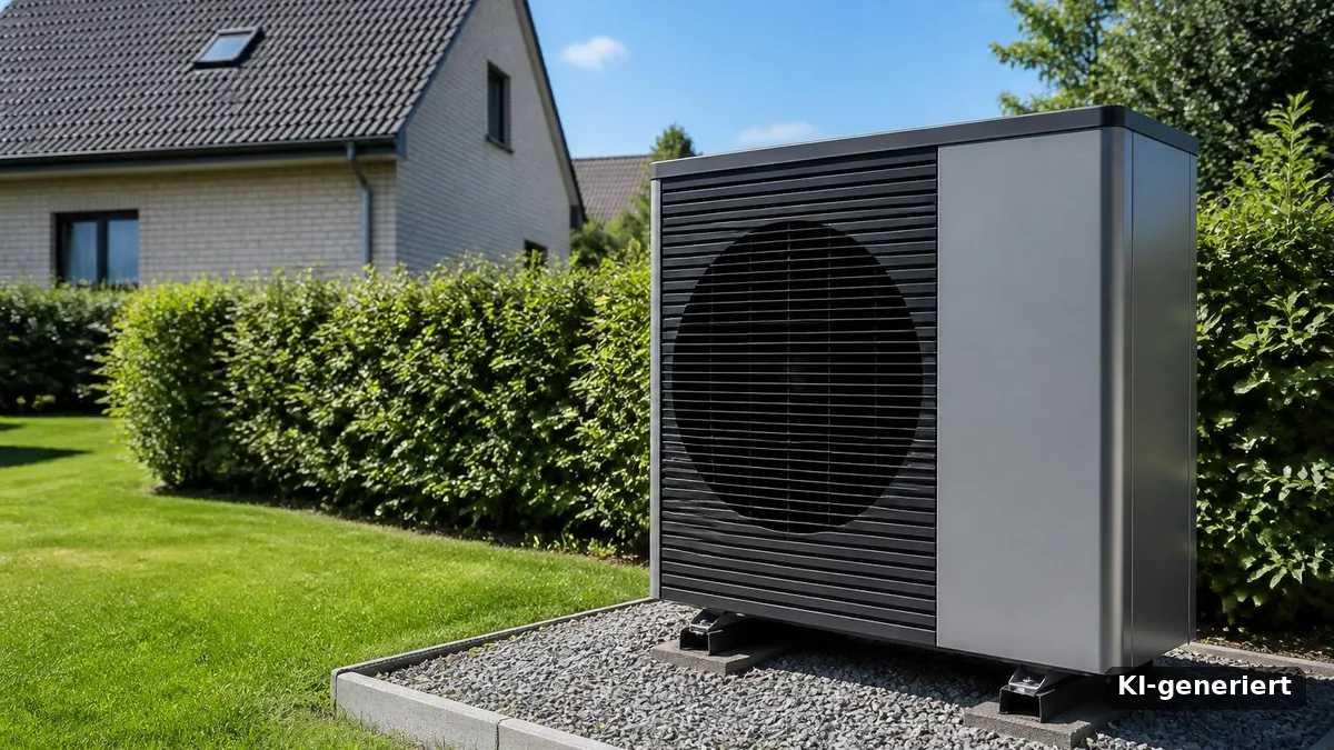 Außengerät einer Wärmepumpe auf Kies im Garten, im Hintergrund das Nachbarhaus (KI-generiert)