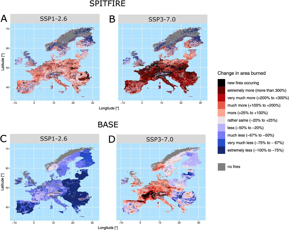 Vier Europakarten zeigen die projizierte Veränderung der Waldbrandfläche in Europa bis 2100 in zwei Modellen und zwei Emissionsszenarien