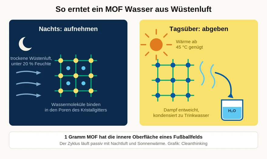 Wasser aus Wüstenluft: Was MOF wirklich bringt 1 Infografik: MOF nimmt nachts Wasser aus Wüstenluft auf und gibt es tagsüber als Trinkwasser ab
