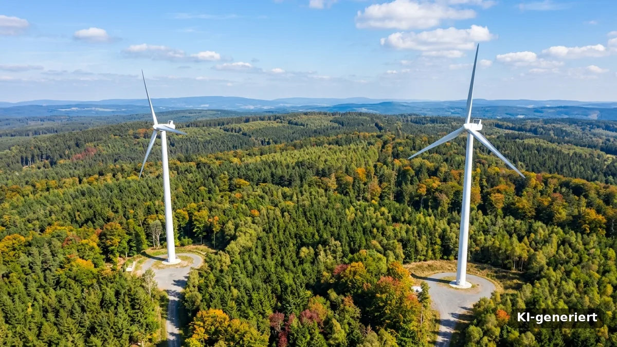 Zwei Windräder mit Kranstellflächen und Zufahrtswegen in einem Mischwald im Mittelgebirge (KI-generiert)