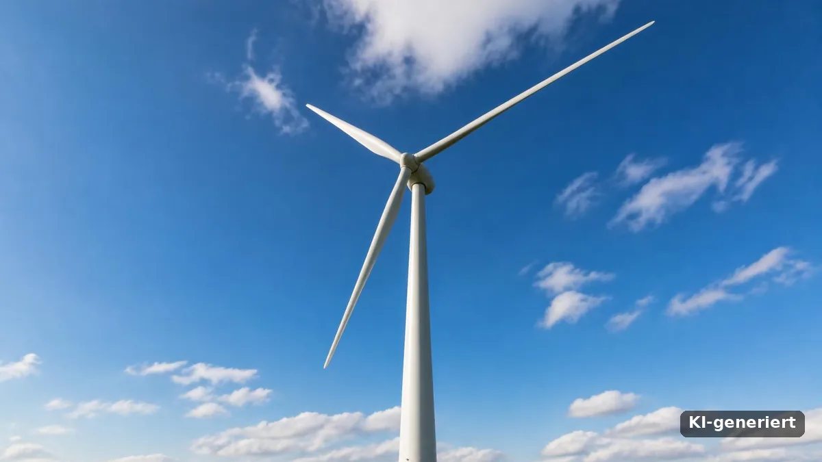 Moderne Windkraftanlage mit drei Rotorblättern auf einer grünen Wiese unter blauem Himmel