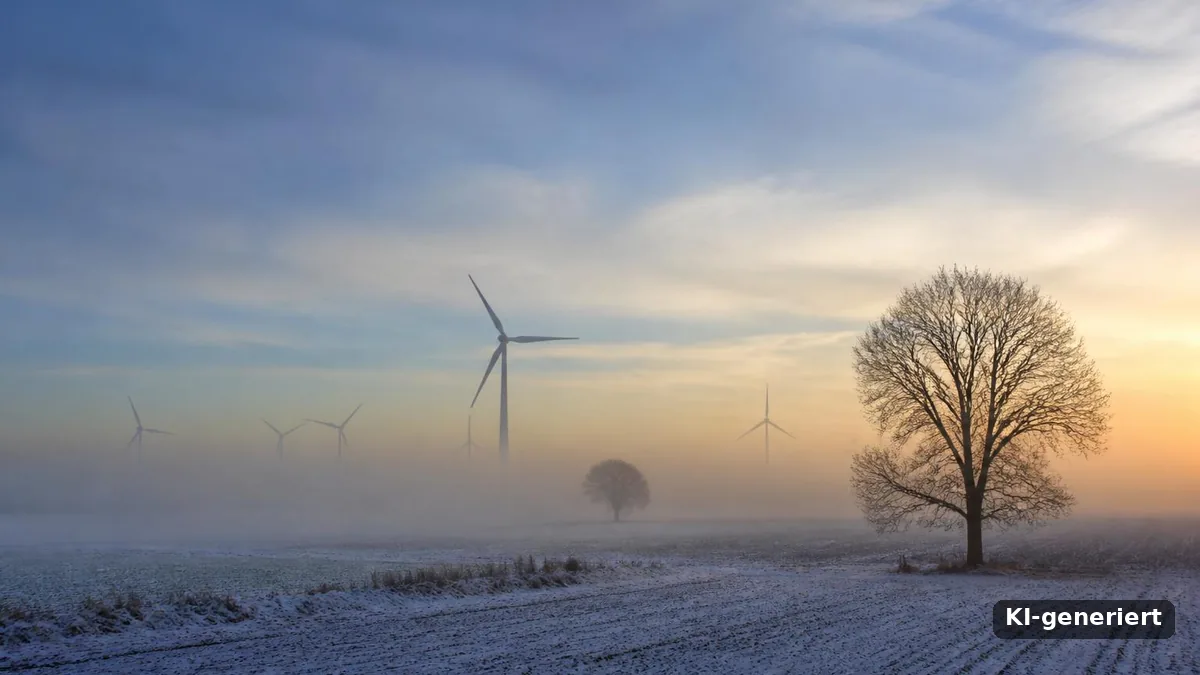 Winterprognose: Feld mit Raureif, kahle Bäume und Windräder im Morgennebel (KI-generiert)